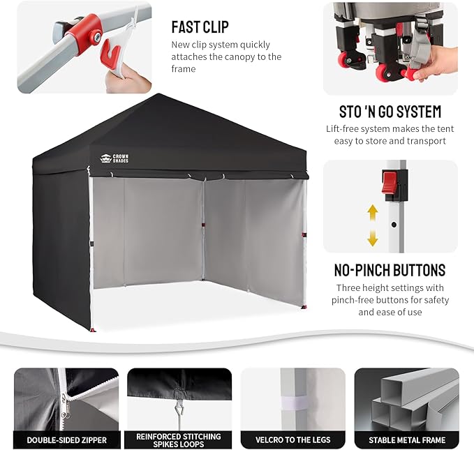 CROWN SHADES 10X10 Comercial Instant Canopy Pop Up Tent with Center Lock (10x10 with 4 Sidewalls, Black)