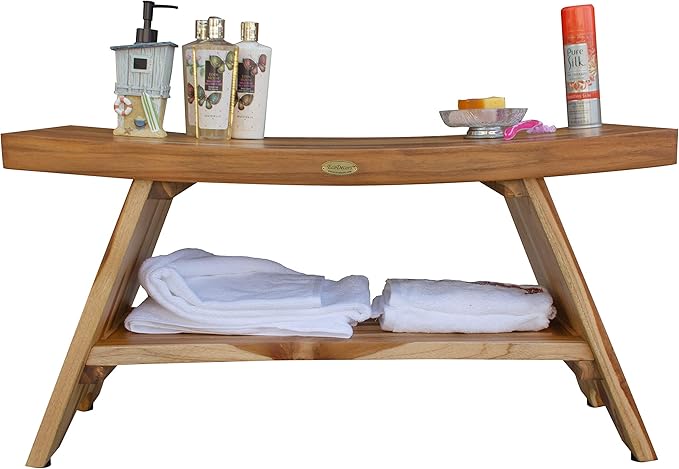 EcoDecors 35 Inch Serenity Teak Shower Bench – Waterproof Bathroom Seat with Large Storage Shelf For Adults & Seniors | Spa-Style Teak Wood Stool with Non-Slip Feet, Elegant Finish, 300 Pound Capacity