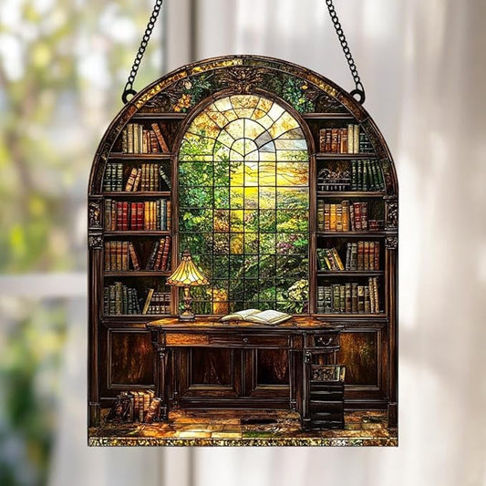 Bookshelf Christmas Ornament Bookish Acrylic Suncatcher Stained Glass Effect Window Hanging for Book Lover Reading Nook Decor Gift for Librarian Readers