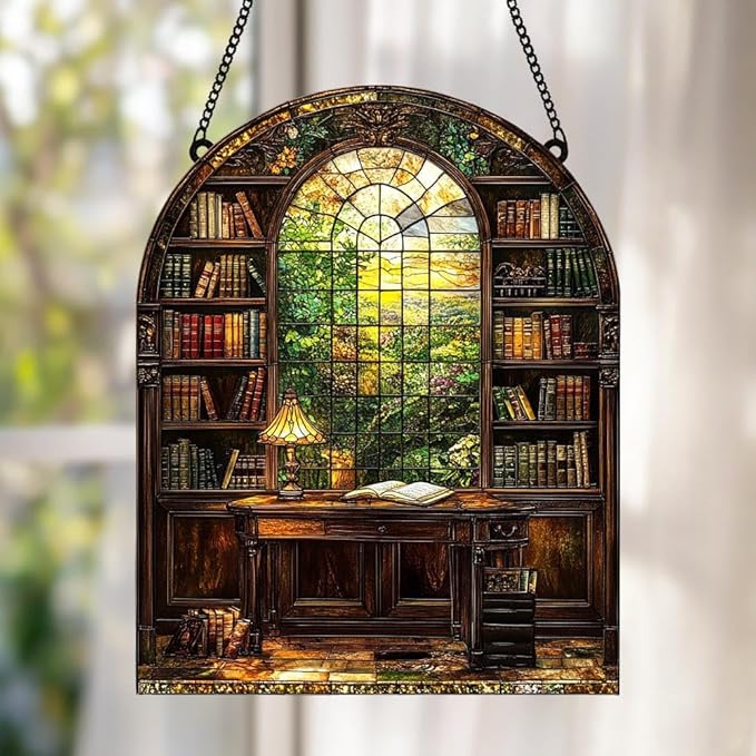 Bookshelf Christmas Ornament Bookish Acrylic Suncatcher Stained Glass Effect Window Hanging for Book Lover Reading Nook Decor Gift for Librarian Readers