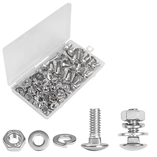 Yinpecly 25 Sets 1/4-20 x 3/4" Carriage Bolts Screws, 304 Stainless Steel Round Head Square Neck Carriage Bolts and Nuts Kit, with Flat & Lock Washers, Full Thread Coverage
