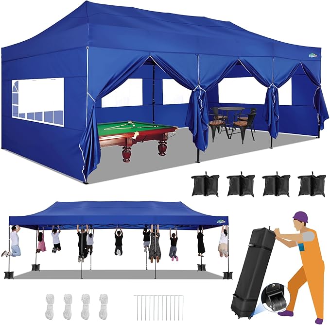 COBIZI 10x30 Heavy Duty Pop up Canopy with 8 sidewalls Stable Wedding Outdoor Tents for Parties Canopy Pop Up Party Tent UPF 50+ Waterproof Commercial Gazebo with Roller Bag, Navy Blue Upgraded