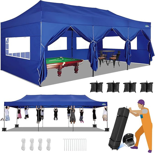 COBIZI 10x30 Heavy Duty Pop up Canopy with 8 sidewalls Stable Wedding Outdoor Tents for Parties Canopy Pop Up Party Tent UPF 50+ Waterproof Commercial Gazebo with Roller Bag, Navy Blue Upgraded