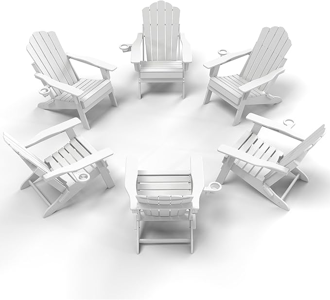 FOOWIN Adirondack Chair Set of 6, Folding Adirondack Chair with Cup Holder, HDPE All-Weather Fire Pit Chair for Patio, Garden, Backyard, Poolside, White