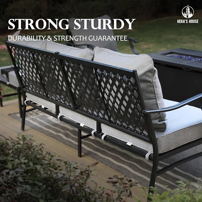 HERA'S HOUSE 6 Piece Patio Furniture Set, 4 x Fixed Metal Cushioned Chair, 1 x 3-Seat Sofa with Marbling Coffee Table, Outdoor Conversation Set for Lawn Garden Backyard Poolside, Grey