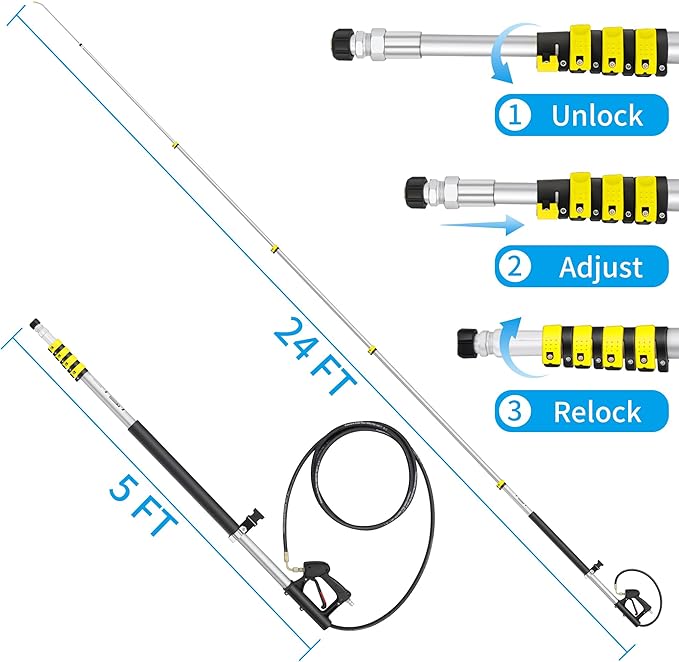 24 FT Telescoping Pressure Washer Wand Extension, Aluminum Power Washer Extension Wand with Brush Head, 5 Nozzle Tips, 2 Adapters, Support Belt, Gutter Cleaning Tools from The Ground