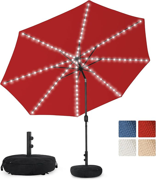 Sundale Outdoor Olefin 5-Year-Non-Fading Solar 104 LED 11FT Solar Patio Umbrella with Sand Bag Base, Outdoor Umbrella with Tilt and Crank, Red