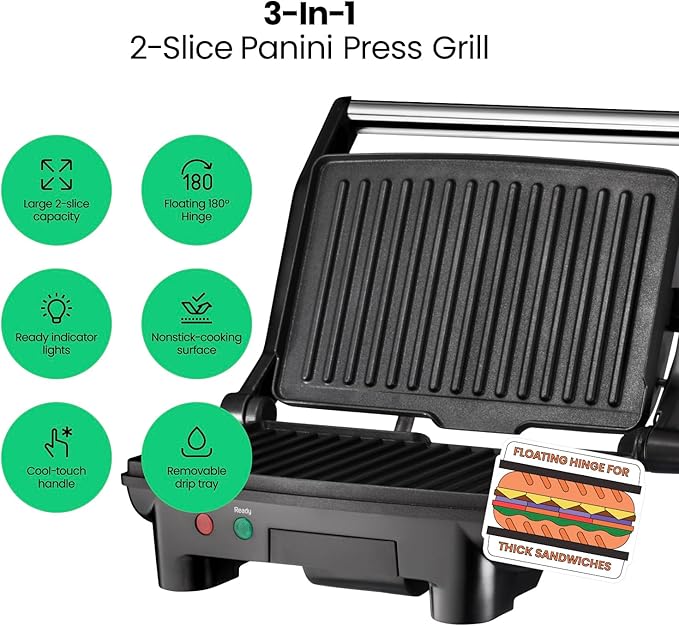 Chefman Electric Panini Press Grill and Gourmet Sandwich Maker w/ Non-Stick Coated Plates, Opens 180 Degrees to Fit Any Type or Size Food, Dishwasher Safe Removable Drip Tray, Stainless Steel/Black