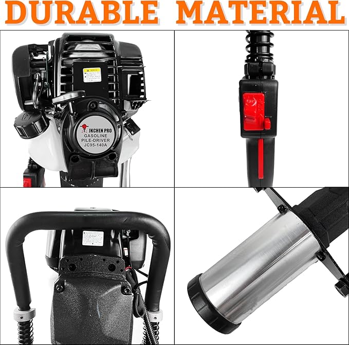 Gas Powered 4 Stroke T Post Driver Hammer Drills, 37.7CC Gasoline Engine Pile Driver, Gasoline Petrol Garden Fencing Tool Machine with 3 Post Driving Head, 49mm, 69mm, 100mm