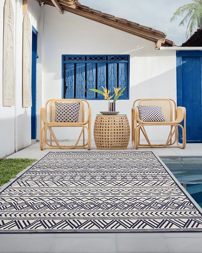 Outdoor Rug Carpet 9X12 ft, Flatweave Textured Outdoor Patio Rug Non Slip Indoor Outdoor Rugs with Rubber Particles Backing Boho Outdoor Area Rug for Patio Deck Front Porch Backyard Balcony, Navy