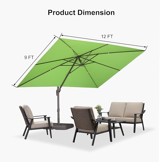PURPLE LEAF 9' X 11.5' Rectangle Cantilever Umbrella with Base Patio Umbrella Outdoor Aluminum Offset Hanging Umbrella with 360-degree Rotation for Pool Garden Backyard Deck, Green