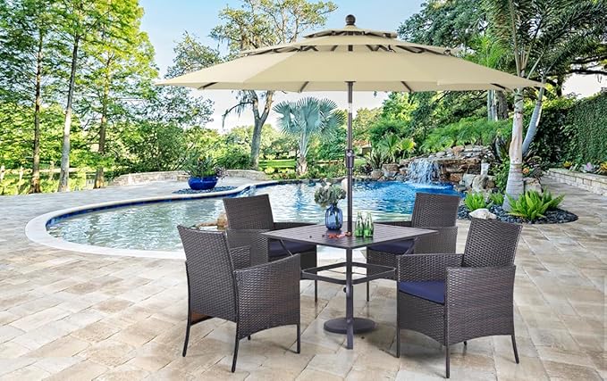PHI VILLA 5 Piece Patio Dining Set with 10ft Umbrella, 37" Square Metal Dining Table & 4 Cushioned Rattan Chairs with Beige Umbrella for Outdoor, Deck, Yard, Porch