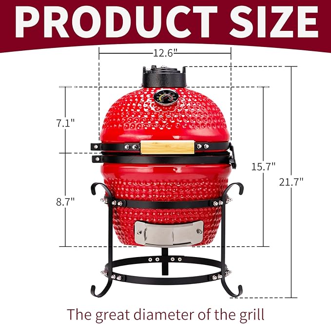 Outvita 13" Round Kamado Charcoal Grill, Portable Ceramic Barbecue Grill with Thermometer for Variations on Cooking Methods(Red)