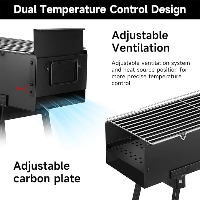 Portable Charcoal Grills, Foldable Hibachi BBQ Grills with Sturdy Construction for Camping, Backyard, Picnic, Travel Outdoor Cooking (31.6x7.1x5.1 inch), Black