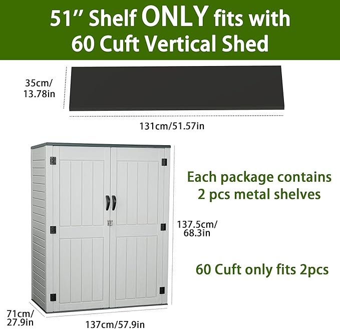 Vertical Resin Storage Shed, 60 Cuft Garden Tool Sheds & Outdoor Storage, Plastic Outdoor Storage Cabinet Waterproof, 4.5 x 2.3 ft Backyard Outside Lawn Mower Storage Shed, Light Grey
