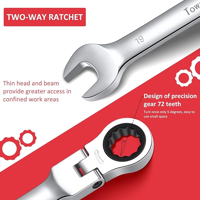 14pcs Swivel Head Ratcheting Wrench Set, Metric 6-19mm, Fixed Head Chrome Vanadium Steel Spanners with Carrying Bag for Automotive, Home, and Workshop Use