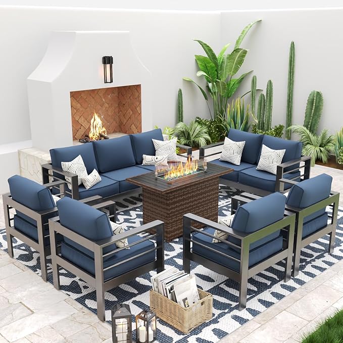UDPATIO 10 Piece Aluminum Patio Furniture Set with Wicker Fire Pit Table,Mordern Outdoor Furniture Set with Water-Proof Cover Included, Dark Grey/Navy