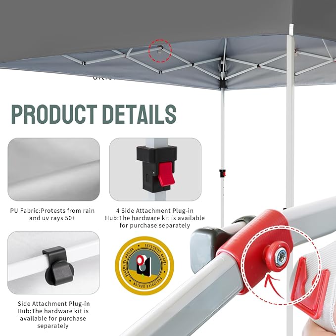 CROWN SHADES 10x10 Heavy Duty Canopy - Premium Pop Up Canopy Tent - Extra Sun Shade Protection with 400D Strength Oxford Fabric - Great for Trade Shows, Events, Tailgates & Commercial Use, Gray