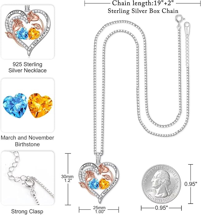 Iefil Christmas Gifts for Women Wife - 925 Sterling Silver Rose Heart Birthstone Necklace Birthday Anniversary Jewelry Gifts for Her Wife Mom Daughter