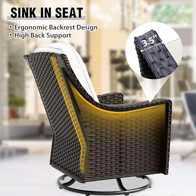 COOS BAY Stone Harbor Patio Bistro Set, 3 Piece Rattan Patio Table and Chairs Set, Wicker Swivel Rockers with Side Table, Small Balcony Furniture Set, Brown/Beige