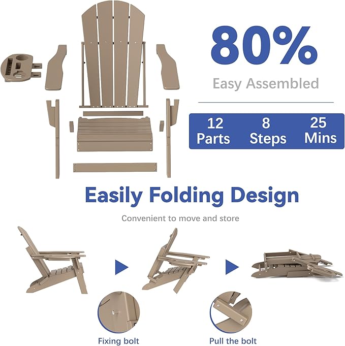 FOOWIN Folding Adjustable Adirondack Chair Set of 2,HDPE Adirondack Chair w/4 in 1 Cup Holder Trays,All-Weather Resistant Fire Pit Chair, Outdoor Chair for Patio Lawn Poolside,400lbs,Brown