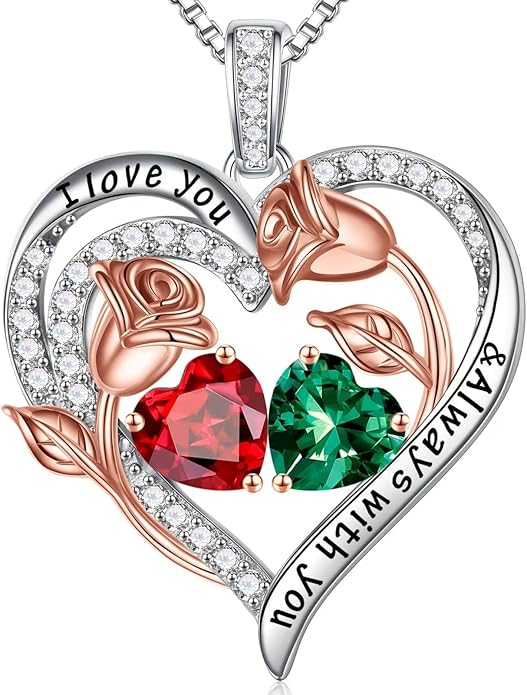 Iefil Christmas Gifts for Women Wife - 925 Sterling Silver Rose Heart Birthstone Necklace Birthday Anniversary Jewelry Gifts for Her Wife Mom Daughter