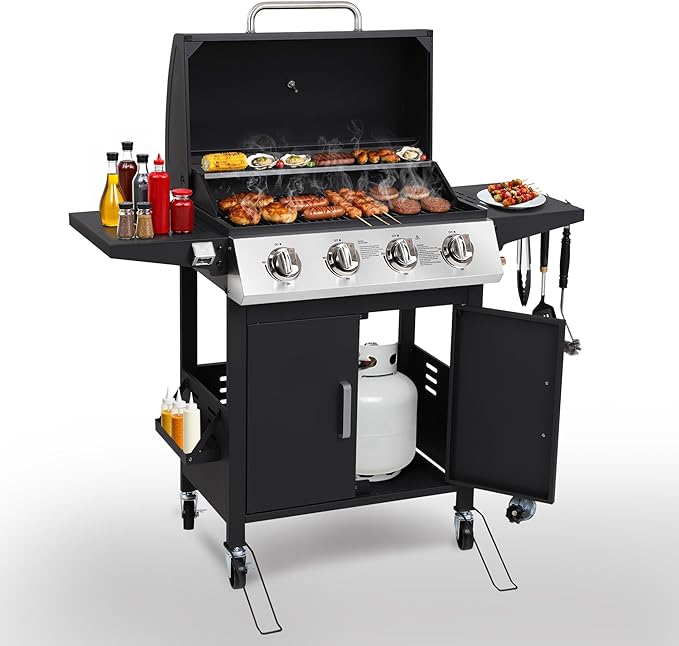 HUGROVE Propane Gas BBQ Grill with Wheels, 40,000 BTU Output Stainless Steel Barbecue Grill for Backyard & Outdoor Cooking Easy to Assemble, Foldable Side Tables & Spice Rack (Black)