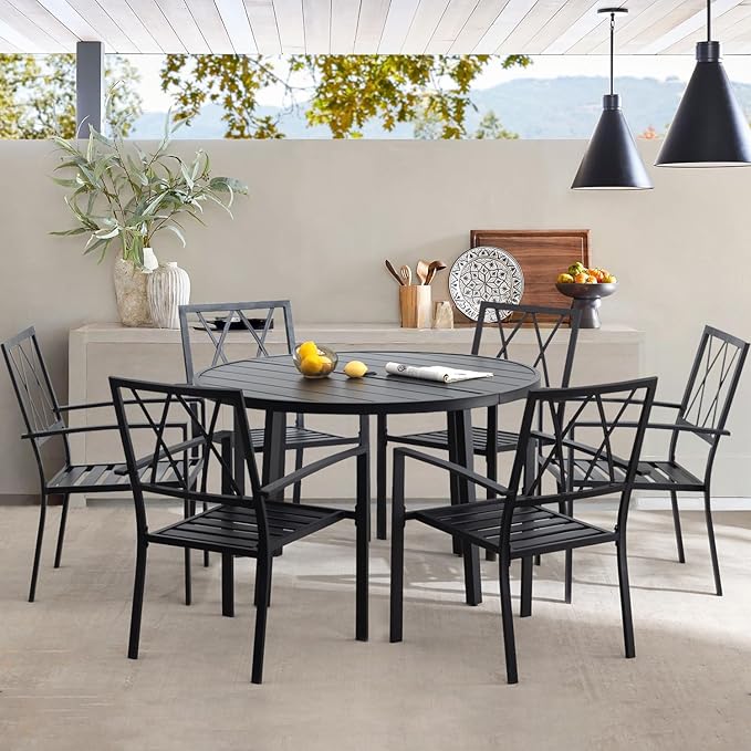 7 Piece Outdoor Dining Set, Patio Dining Set for 6, 47" Black Round Table with 6 Black Metal Outdoor Dining Chairs with Armrest for Lawn, Garden, or Porch