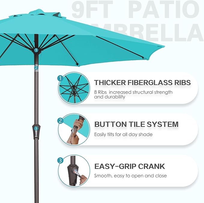 PatioKingdom 9FT Patio Outdoor Umbrella-UPF 50+ Sun Shade with Wind Vent, Push-Button Tilt & Smooth Crank Lift, Rust-Resistant Fiberglass Frame for Garden, Backyard,Yard (Peacock Blue, 9FT)
