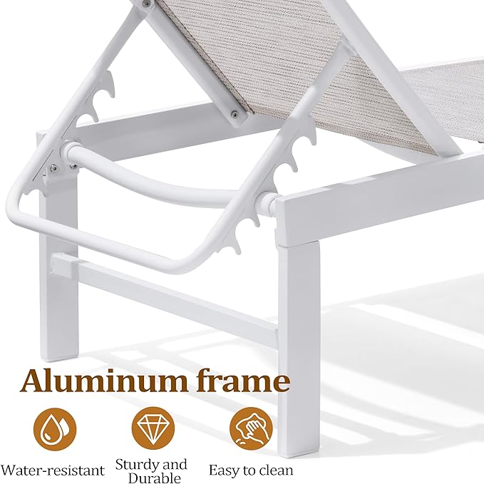 Patio Aluminum Chaise Lounge Chair, Outdoor Recliner Lounge Chair Sun Loungers, All Weather Chaise with 5 Adjustable Backrest and Lay Flat Positions for Garden, Balcony, Pool