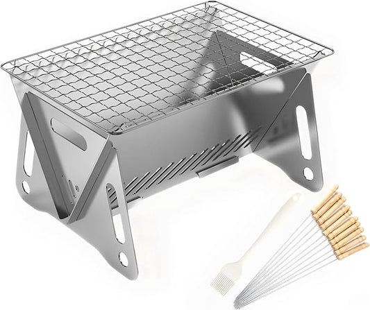 Portable Folding BBQ Grill for 1-2 People - Mini Charcoal Grill for Camping, Compact Stainless Steel Fire Pit with Carry Bag, Comes with 10 barbecue skewers and a silicone brush (8.2X5.5 IN)