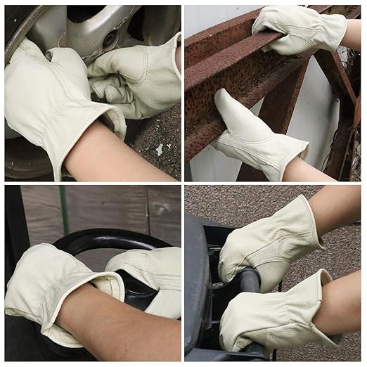 HLDD HANDLANDY 2 Pairs Cowhide Leather Work Gloves with Reinforced Palm for Men & Women (Beige-12pairs, Large (Pack of 12))