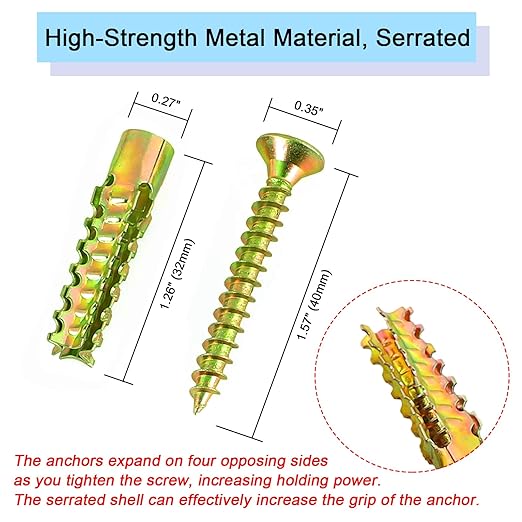 50 Pack Heavy Duty Hollow Wall Anchors with Screws, Loose Hinge Hole Repair Kits, Ideal for Hinge Hole Repair and Concrete Wall, Hollow-Wall, Wooden Wall (6x32mm)