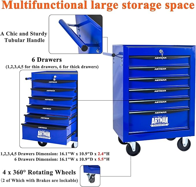 6 Drawers Tool Cart on Wheels, Multifunctional Rolling Tool Box, Drawers Rolling Trolley Organizer Tool Storage Chest for Warehouse,Garage,Workshop,Repair Shop (6 Drawers-30.5" H)