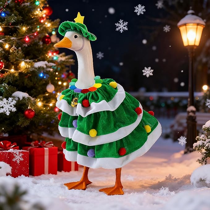 Christmas Porch Goose Outfits - 3Pcs Lawn Goose Goose Costume Small Green Hat, Rainbow Collar and Christmas Tree Skirt for 23 Inch Goose Statues, Holiday Outdoor Garden Porch Yard Lawn Patio Decor