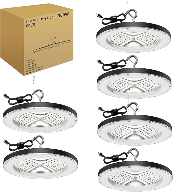 Zelvia 6 Pack LED High Bay Lights 300W 5000K AC110V-130V with US Plug - 30000 LM Commercial Bay Lighting for Barn Warehouse Garage