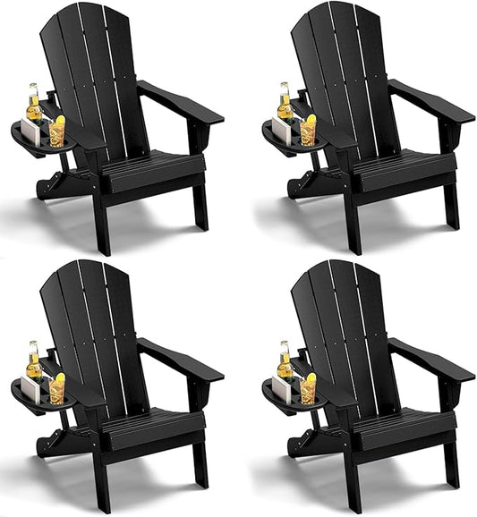 Adirondack Chair Set of 4, HDPE Folding Adirondack Chair with Multifunctional Cup Holder, Weather Resistant Fire Pit Chair for porches, patios, poolsides, Decks.