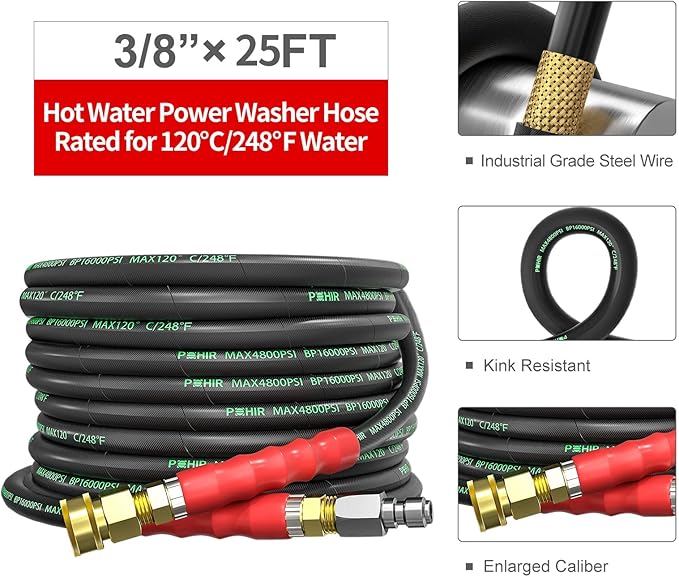 POHIR 3/8 Inch Pressure Washer Hose 25 FT with Adapter Set, 4800PSI Hot and Cold Water Max 248°F, High Tensile Wire Heavy Duty Commercial Grade Hose, 2pcs M22 14mm to 3/8 Quick Connect Accessories