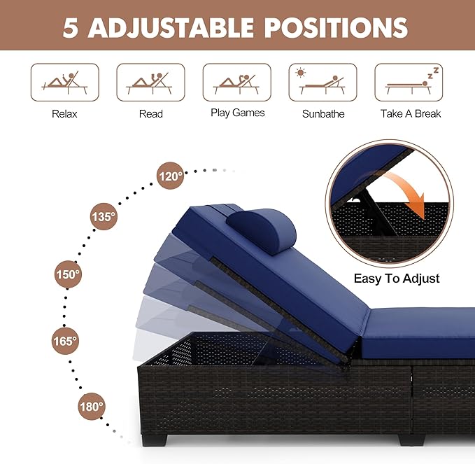 Outdoor PE Wicker Chaise Lounge Chairs, Set of 2, Modern Style, Blue, Rattan & Steel Frame, Adjustable Backrest, Comfortable Cushion & Head Pillow, Side Shelving, Indoor/Outdoor Use