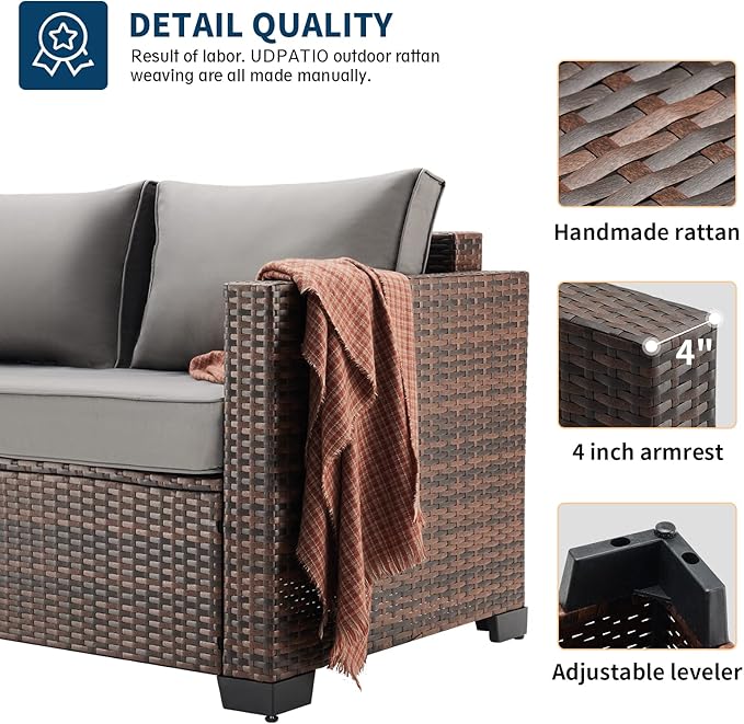 UDPATIO Outdoor Patio Furniture Set 5 Piece Wide Armrest Rattan Patio Sofa Sets w/Storage Table and Waterproof Covers for Poolside Deck Backyard, Grey