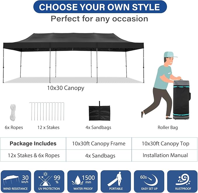 COBIZI 10x30 Pop up Canopy Heavy Duty Without Sidewalls, Easy Set-up Commercial Outdoor Party, 100% Waterproof Wedding Canopy Gazebo, 3 Height Adjustable with Wheeled Bag, Black