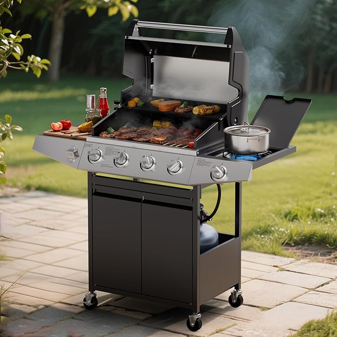 4 Burner Gas Grill with Side Burner,Stainless Steel Propane Grill Outdoor BBQ Grill with Oil Tray and Built-in Thermometer for Outdoor Barbecue, Camping, Patio, Backyard, 49,000 BTU