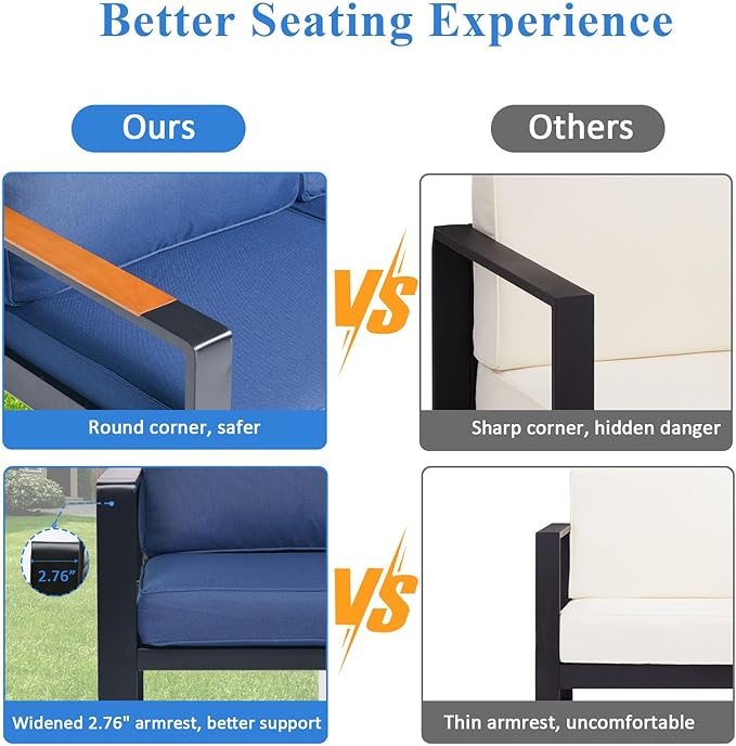 Aluminum Patio Furniture Set, All-Weather Outdoor Couch Sectional, L Shaped Patio Conversation Sets, Metal Corner Sofa with Teak Coffee Table (Cushion: Blue, Black Frame)
