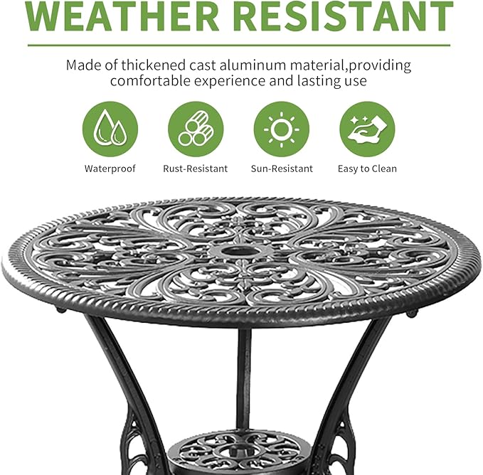 3 Piece Patio Bistro Set,Cast Aluminum Outdoor Bistro Table and Chair Set of 2 with 1.97" Umbrella Hole,All Weather Patio Furniture Set for Garden,Porch(Black)