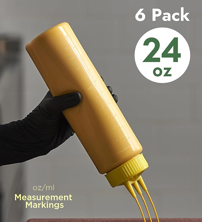 CURTA 6-Pack 24 oz Clear Squeeze Bottle with 3 Open Tips, BPA-Free Easy-to-Squeeze Plastic Condiment Dispenser with oz & ml Markings for Sauce, Oil, Dressing, Dishwasher Safe, Yellow