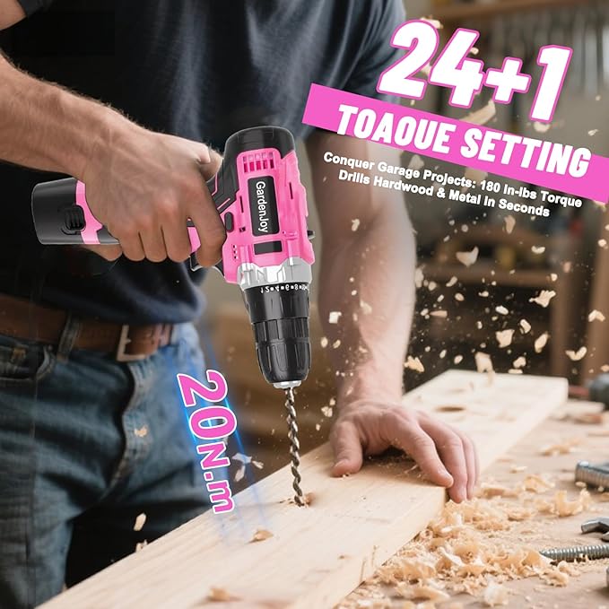 GardenJoy Cordless Power Drill Set: 12V Electric Drill with Battery and Charger, 65pcs Acessories, 3/8"Keyless Chuck, 2 Variable Speed, 24+1 Position, Compact Drill Driver Kit for Home & DIY Project