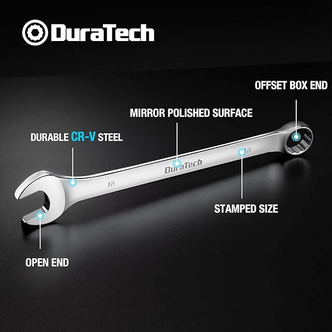DURATECH 18mm Combination Wrench, Metric, CR-V Constructed with Mirror Polish, 12-Point, 15-Degree Offset