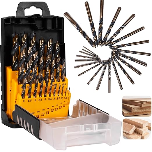 25Pcs Brad Point Drill Bit Set, Titanium Coated HSS Full Ground Wood Drill Bits 1-13mm (0.5mm Step) for Hardwood & Softwood, with Storage Case