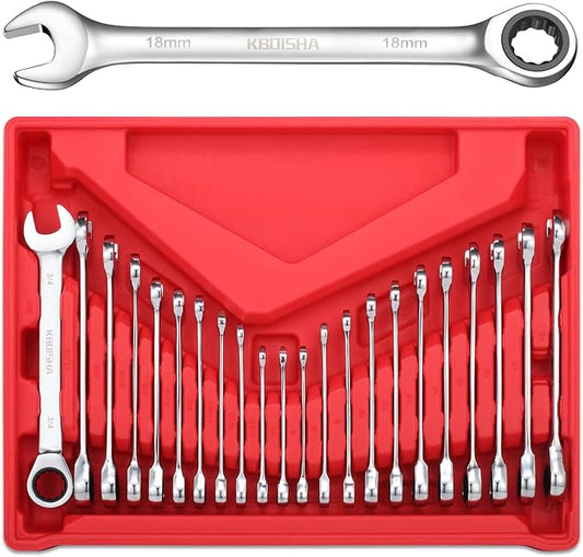 kboisha Ratcheting Wrench Set, 22-Piece Combination Wrench Set with Metric and SAE CR-V Steel Ratchet 72-Tooth 6-18mm and 1/4" to 3/4" Standard Wrench Organizer
