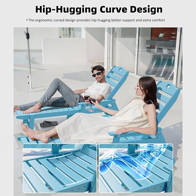 Aokia Pool Lounge Chairs,Chaise Lounge Chair Outdoor with Wheels & Cupholder Oversize HDPE 6-Position Outdoor Chairs for Patio, Lawn, Garden, Poolside (Light Blue)